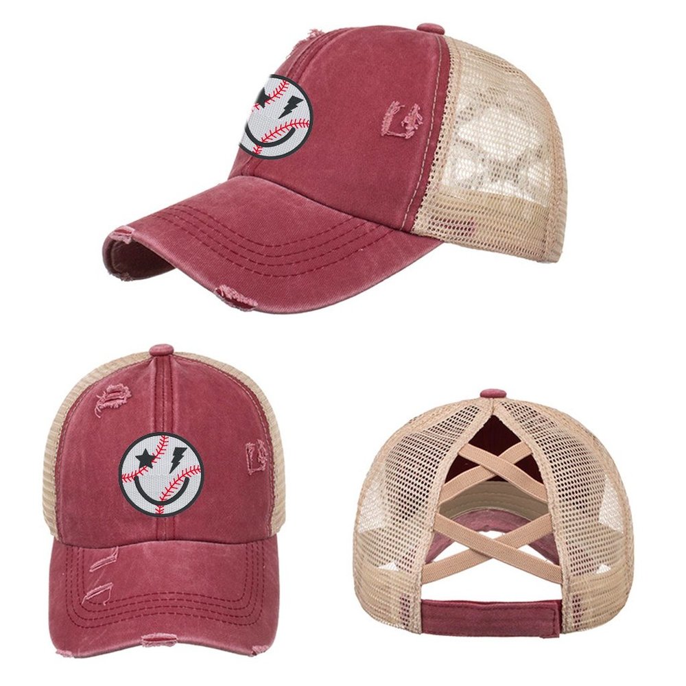 NEW Embroidered Baseball Smiley Face Distressed High Ponytail Trucker Hat